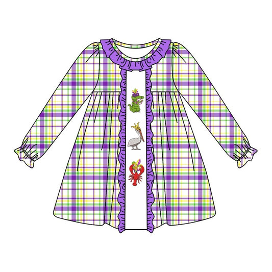 Baby Girls Checkered Crawfish Mardi Gras Knee Length Dresses Preorder