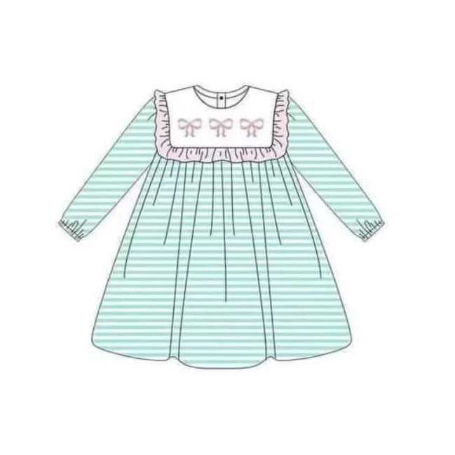 Baby Girls Blue Stripes Bows Ruffle Knee Length Dresses Preorder