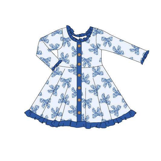 Baby Girls Blue Bow Long Sleeve Knee Length Dresses Preorder