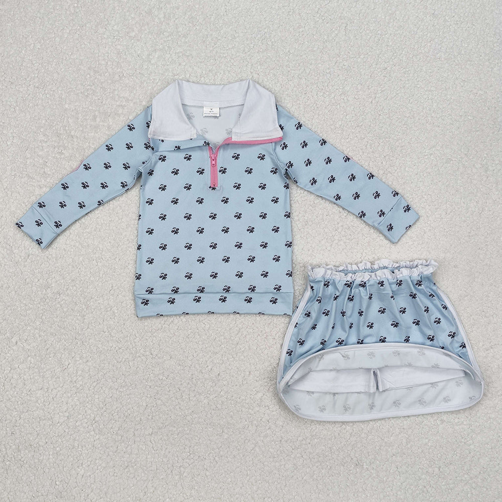 Baby Girls Blue Flowers Zip Top Ruffle Skort Short Clothes Sets
