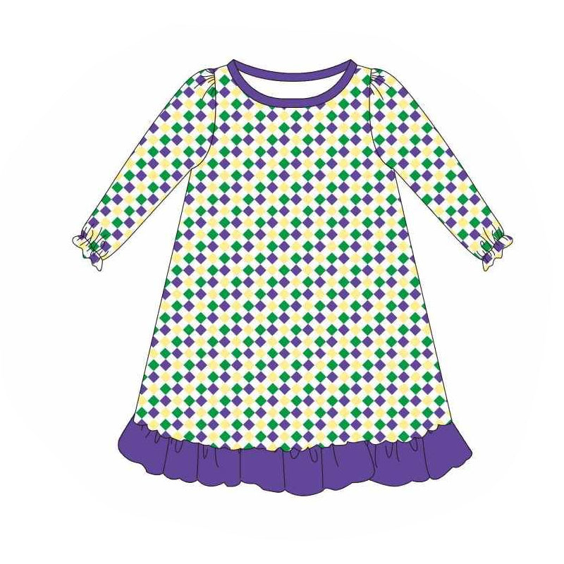 Baby Girls Mardi Gras Checkered Ruffle Knee Length Dresses Preorder