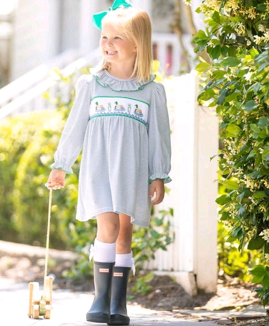 Baby Girls Blue Stripes Mallard Ducks Hunting Knee Length Dresses Preorder