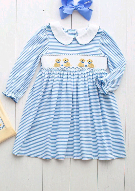 Baby Girls Blue Stripes Cute Dogs Knee Length Dresses Preorder