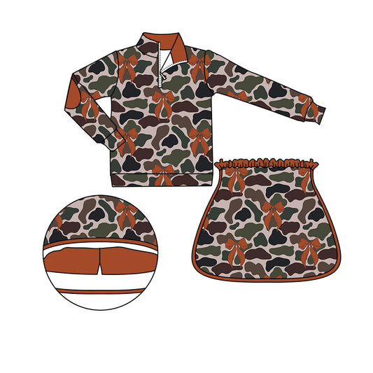 Baby Girls Camo Brown Bows Zip Tops Shorts Skirts Spring Clothes Sets Preorder