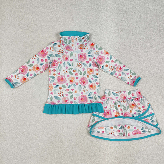 Baby Girls Blue Flowers Jacket Skorts 2pcs Sets