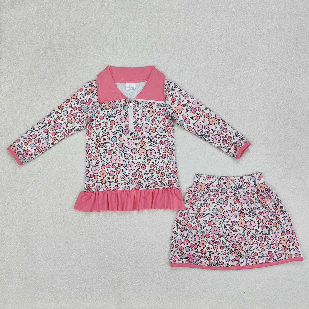 Baby Girls Bright Pink Flowers Zip Top Skirt Ruffle Skort Bottoms Sets