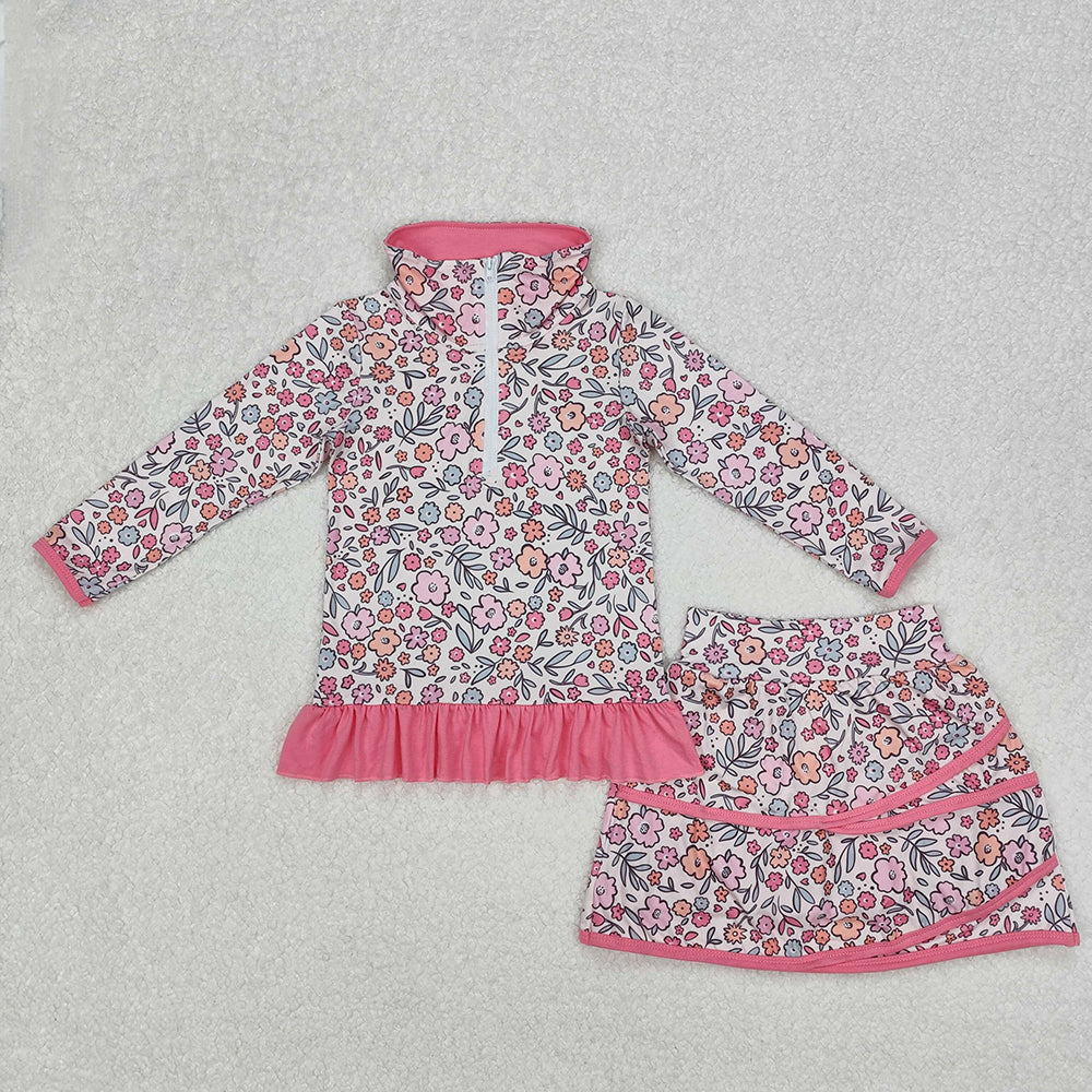 Sibling Baby Girls Flowers Zip Top Skirt Ruffle Skort Bottoms Sets