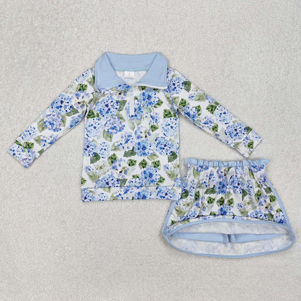 Baby Girls Blue Flowers Athletic Active Wear Top Shorts Skirts Clothes Sets