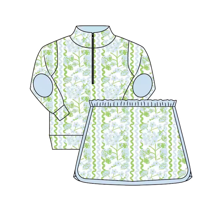 Baby Girls Long Sleeves Green Floral Zipper Pullover Top Skort Set Preorder