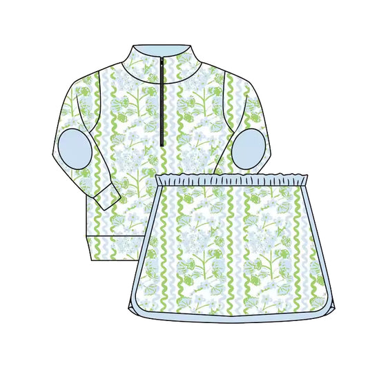 Baby Girls Long Sleeves Green Floral Zipper Pullover Top Skort Set Preorder