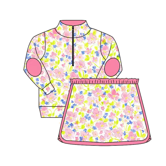 Baby Girls Long Sleeves Pink Floral Zipper Pullover Top Skort Set Preorder