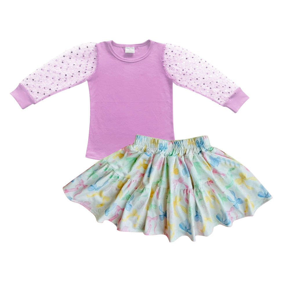 Baby Girls Lavender Sequin Long Sleeves Top Colorful Bows Ruffle Skirt Set Preorder