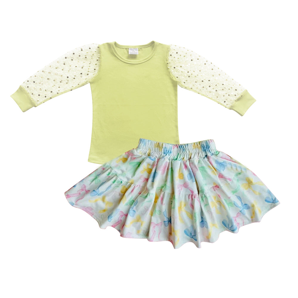 Baby Girls Yellow Sequin Long Sleeves Top Colorful Bows Ruffle Skirt Set Preorder