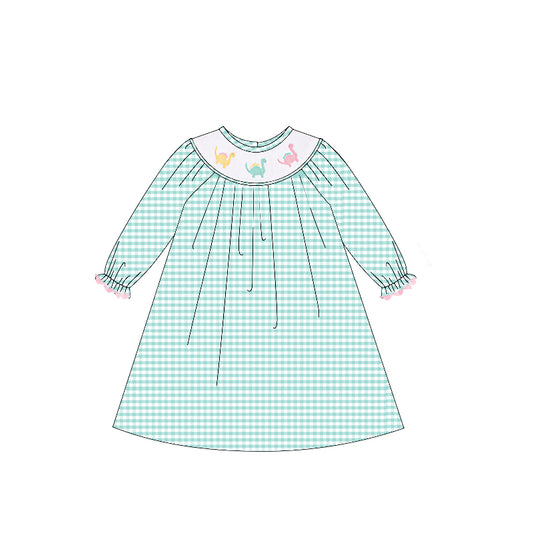 Baby Girls Aqua Plaid Long Ruffle Sleeves Dinosaurs Smocked Knee Length Dresses Preorder