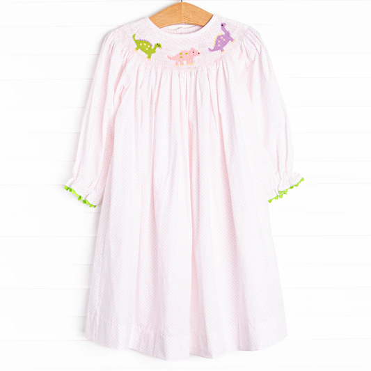 Baby Girls Pink Long Ruffle Sleeves Dinosaurs Smocked Knee Length Dresses Preorder