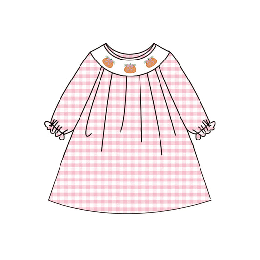 Baby Girls Pink Plaid Long Ruffle Sleeves Pumpkins Smocked Knee Length Dresses Preorder