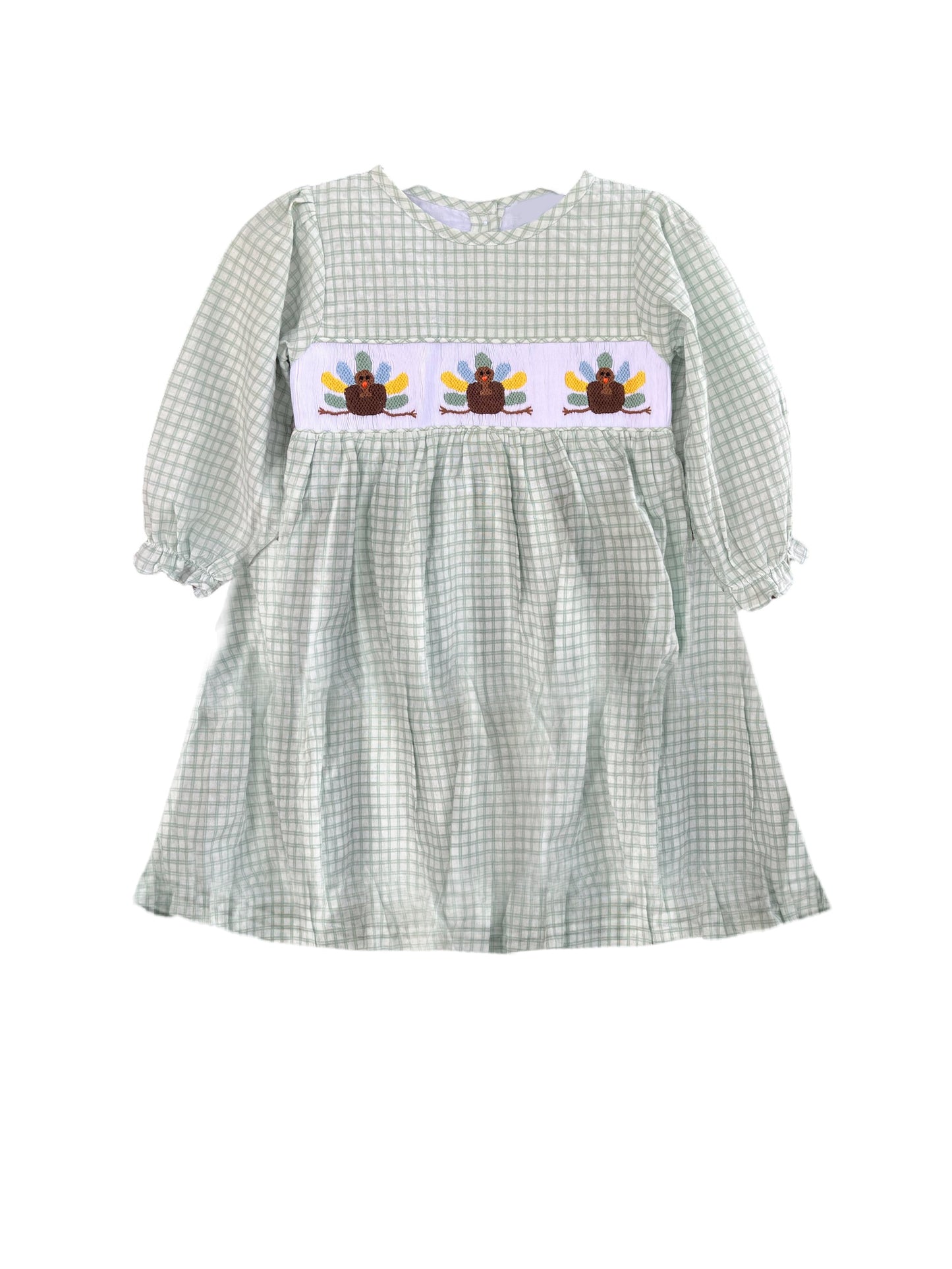 Baby Girls Aqua Plaid Long Ruffle Sleeves Turkey Smocked Knee Length Dresses Preorder