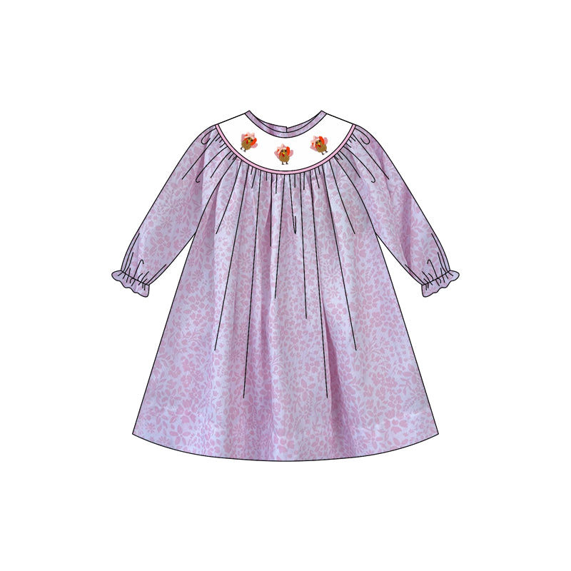 Baby Girls Purple Leopard Long Ruffle Sleeves Turkey Smocked Knee Length Dresses Preorder