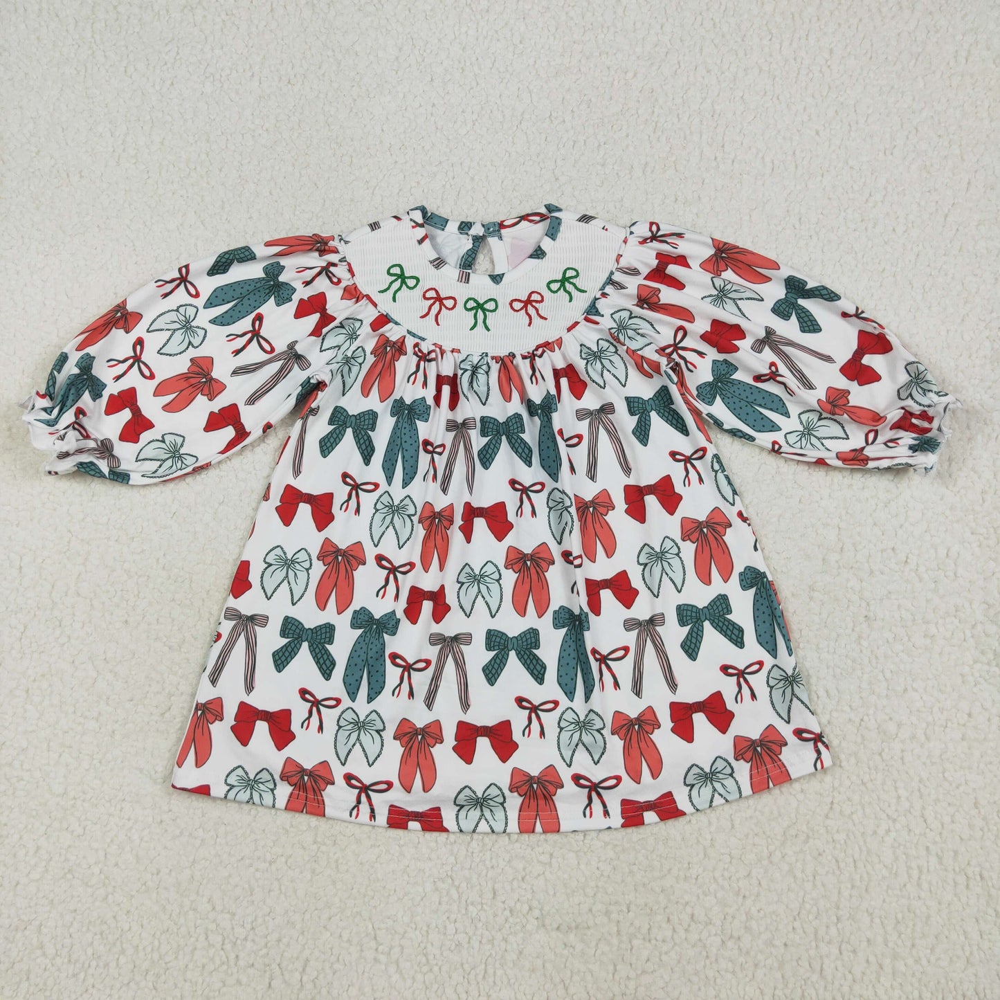 Baby Girls Christmas Colorful Bows Smocked Knee Length Dresses
