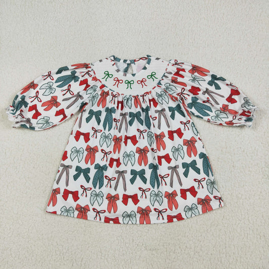 Smocked Embroidery Sibling Baby Girls Green Red Bows Christmas Knee Length Dresses