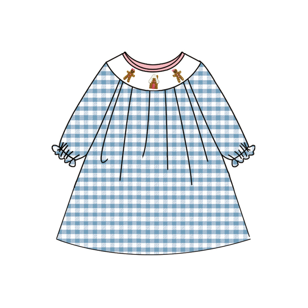 Baby Girls Blue Plaid Long Ruffle Sleeves Gingerbread Smocked Knee Length Dresses Preorder