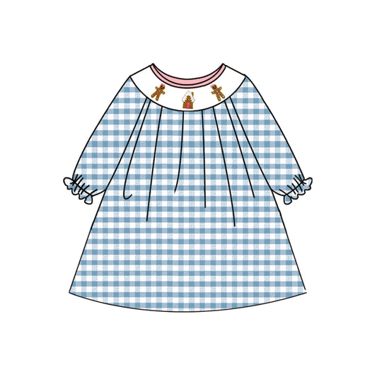 Baby Girls Blue Plaid Long Ruffle Sleeves Gingerbread Smocked Knee Length Dresses Preorder