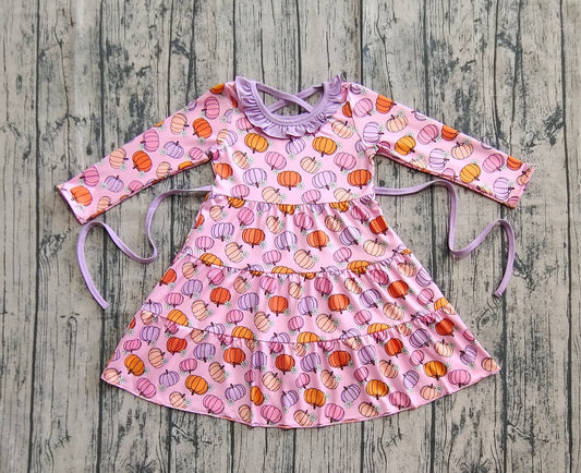 Baby Girls Pink Flowers Pumpkins Fall Knee Length Dresses With Belt
