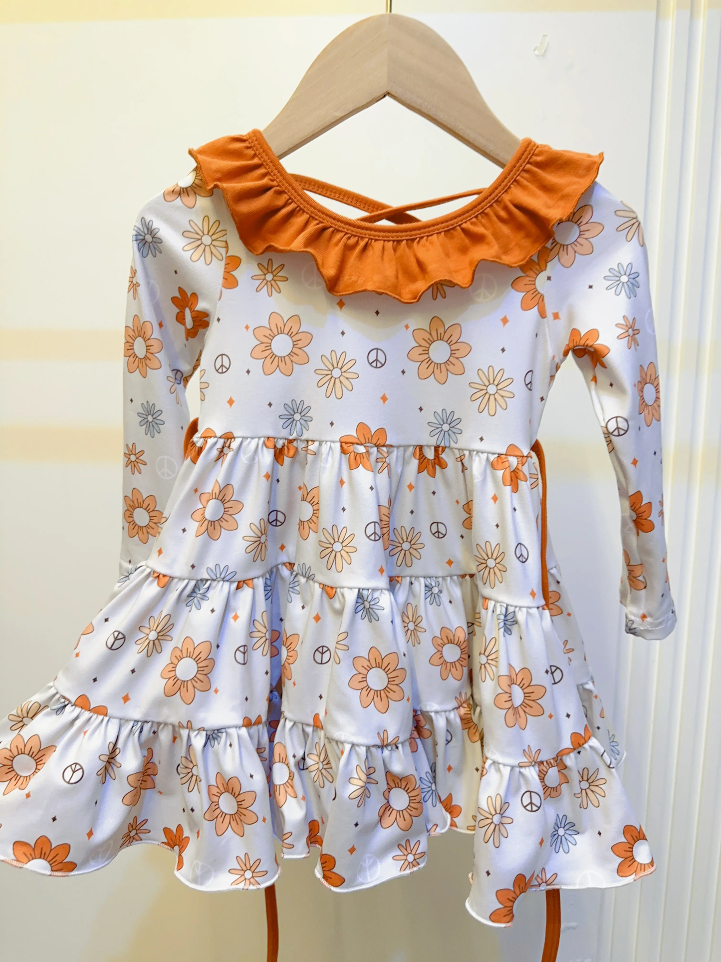 Baby Girls Long Sleeves Orange Daisy Flowers Knee Length Dresses With Belt Preorder