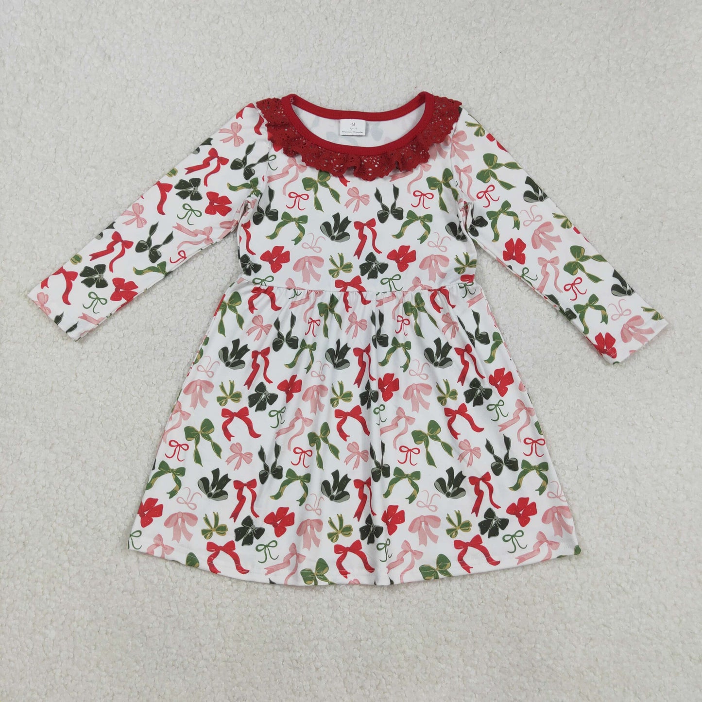 Sibling Baby Girls Green Red Bows Long Sleeves Christmas Knee Length Dresses