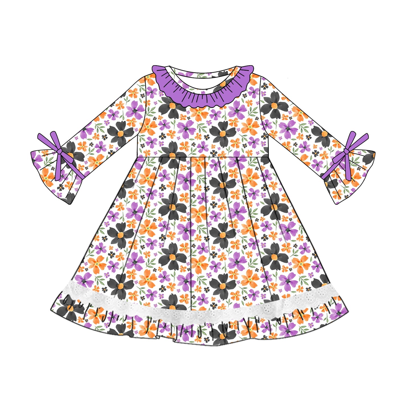 Baby Girls Long Ruffle Sleeves Lavender Floral Knee Length Dresses Preorder