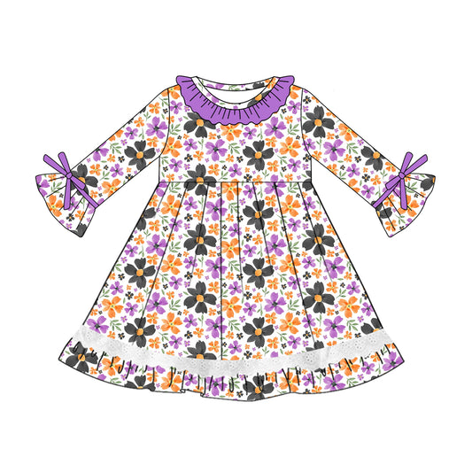 Baby Girls Long Ruffle Sleeves Lavender Floral Knee Length Dresses Preorder