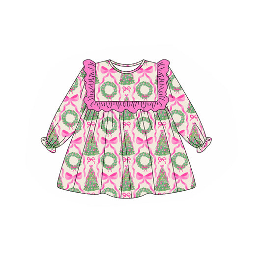 Preorder moq 5 Baby Girls Long Ruffle Sleeves Bows Trees Plaid Knee Length Dresses