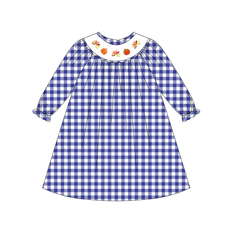 Baby Girls Long Ruffle Sleeves Blue Plaid Smocked Turkey Pumpkins Knee Length Dresses Preorder
