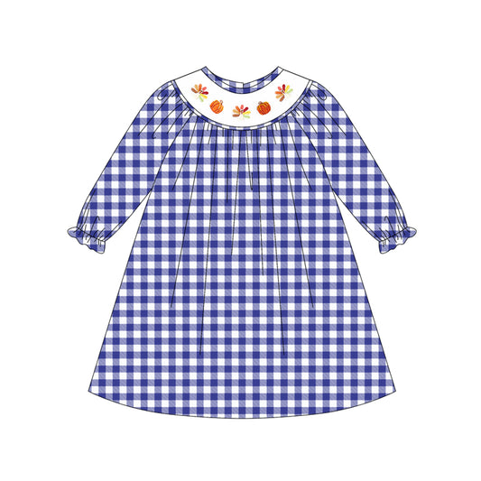 Baby Girls Long Ruffle Sleeves Blue Plaid Smocked Turkey Pumpkins Knee Length Dresses Preorder