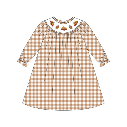 Baby Girls Long Ruffle Sleeves Khaki Plaid Smocked Turkey Leaves Knee Length Dresses Preorder