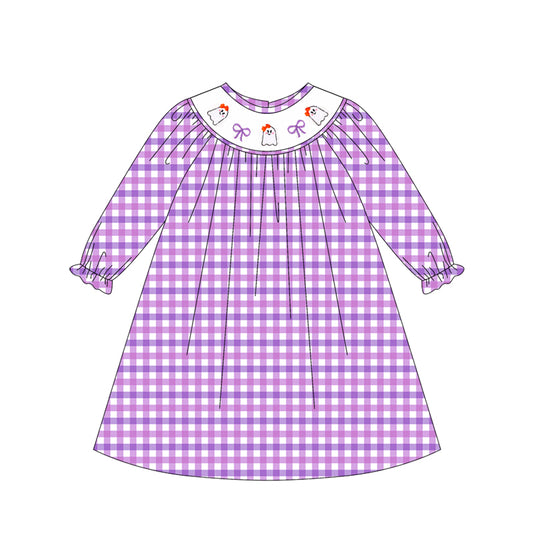 Baby Girls Long Ruffle Sleeves Purple Plaid Smocked Bows Ghosts Knee Length Dresses Preorder
