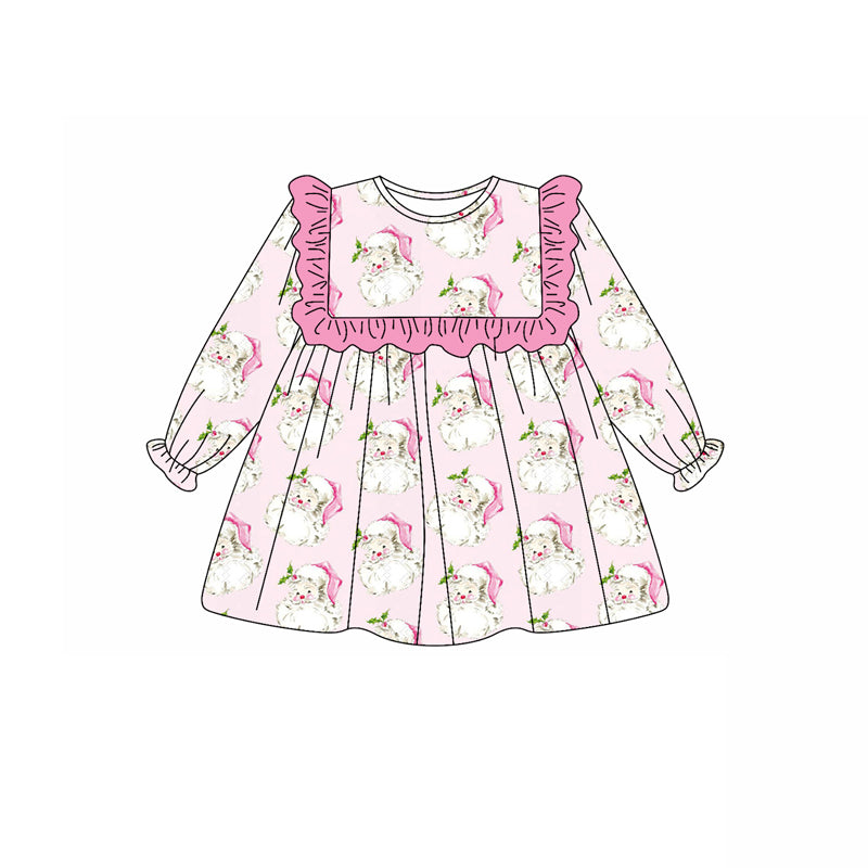 Preorder moq 5 Baby Girls Long Ruffle Sleeves Pink Santa Knee Length Dresses