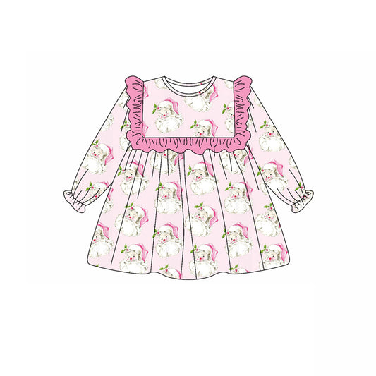 Preorder moq 5 Baby Girls Long Ruffle Sleeves Pink Santa Knee Length Dresses