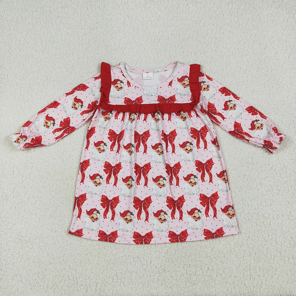 Baby Girls Long Ruffle Sleeves Red Santa Bows Knee Length Dresses