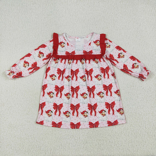 Baby Girls Long Ruffle Sleeves Red Santa Bows Knee Length Dresses
