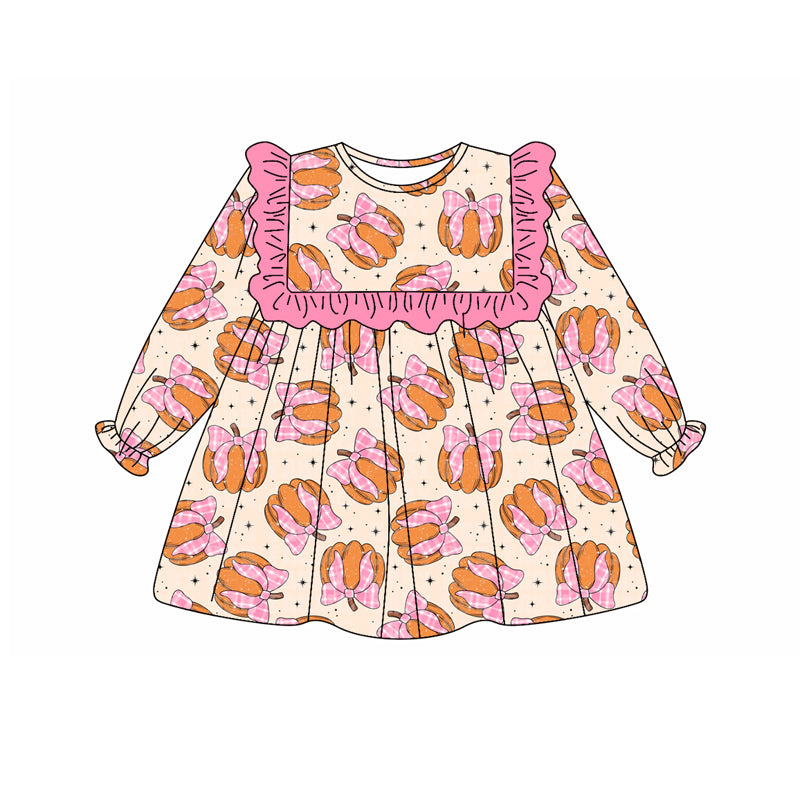 Preorder moq 5 Baby Girls Pink Bows Pumpkins Fall Knee Length Dresses