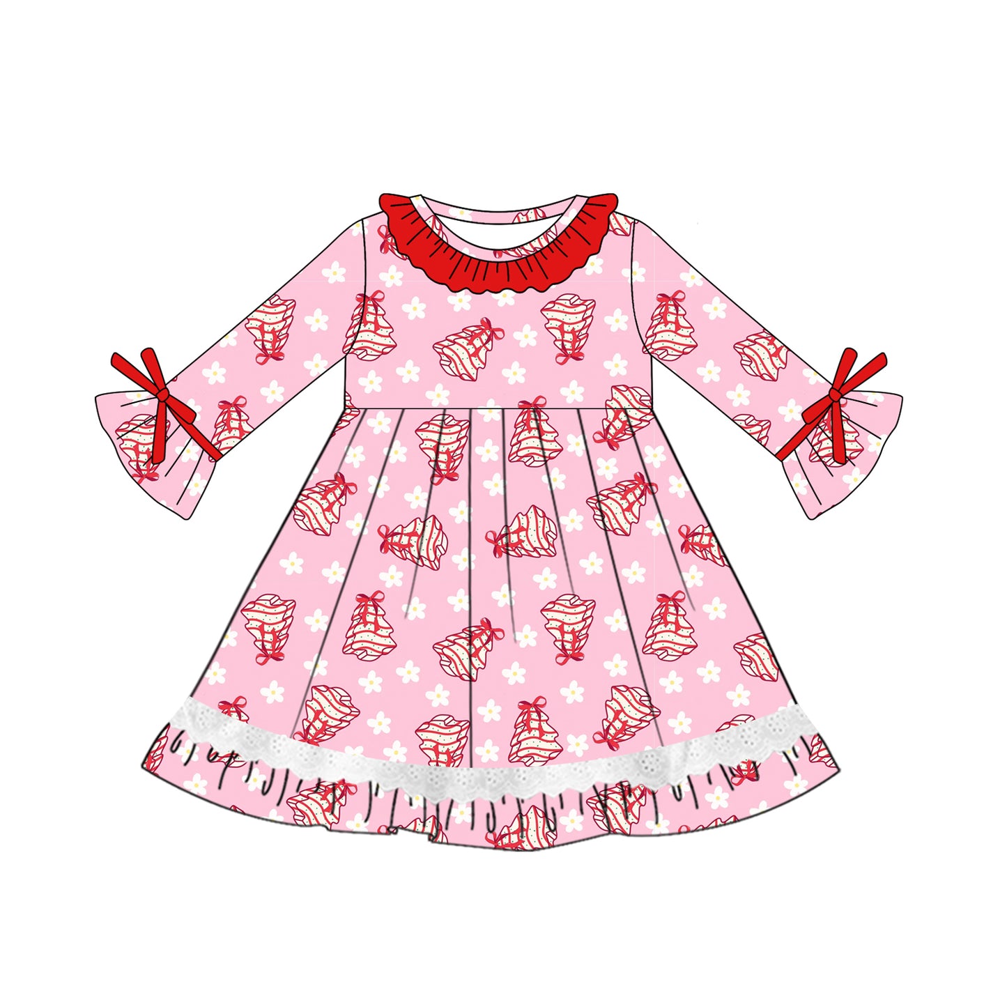 Preorder moq 5 Baby Girls Long Ruffle Sleeves Pink Flowers Trees Knee Length Dresses