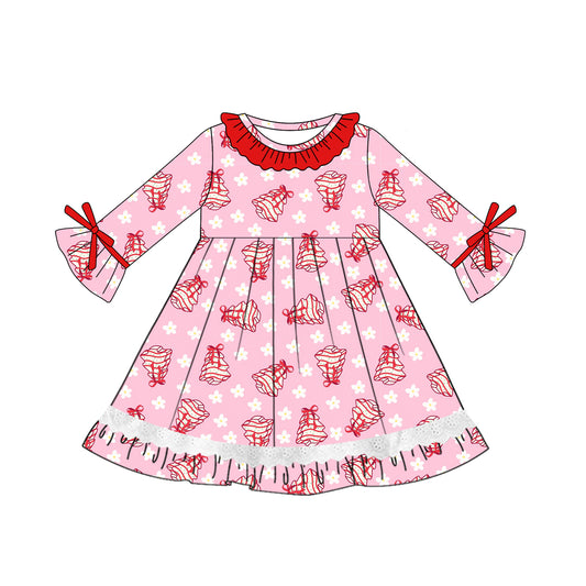 Preorder moq 5 Baby Girls Long Ruffle Sleeves Pink Flowers Trees Knee Length Dresses