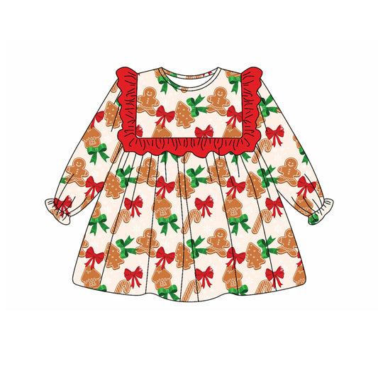 Baby Girls Long Ruffle Sleeves Bows Gingerbread Knee Length Dresses Preorder