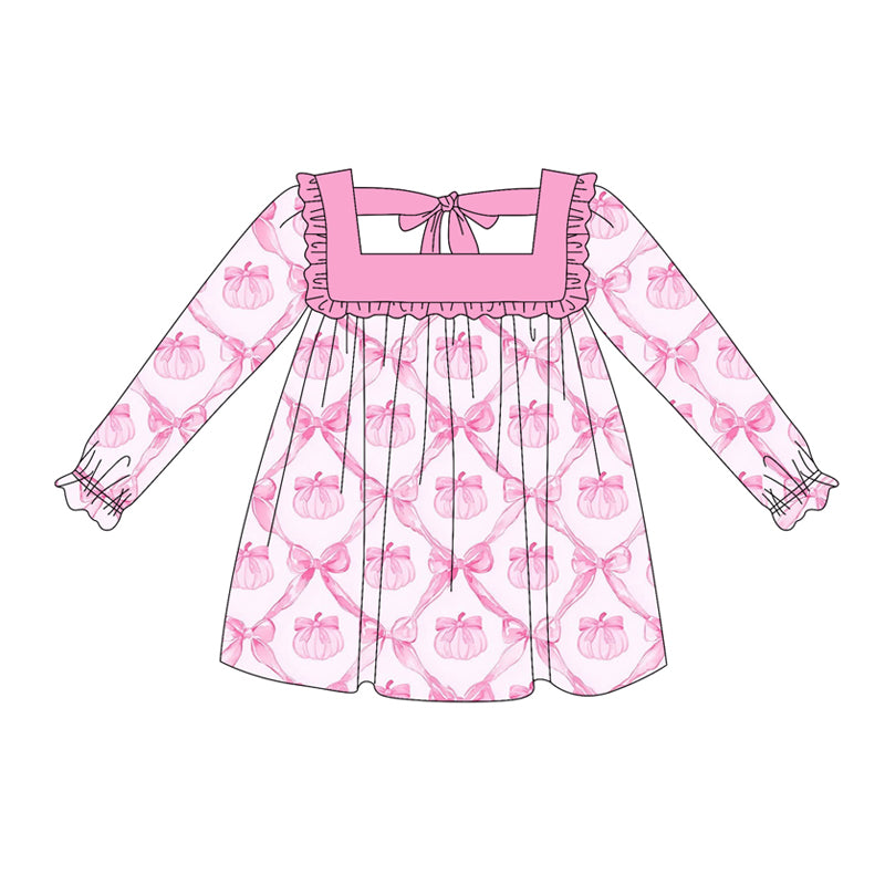 Baby Girls Long Ruffle Sleeves Pink Bows Pumpkins Plaid Knee Length Dresses Preorder