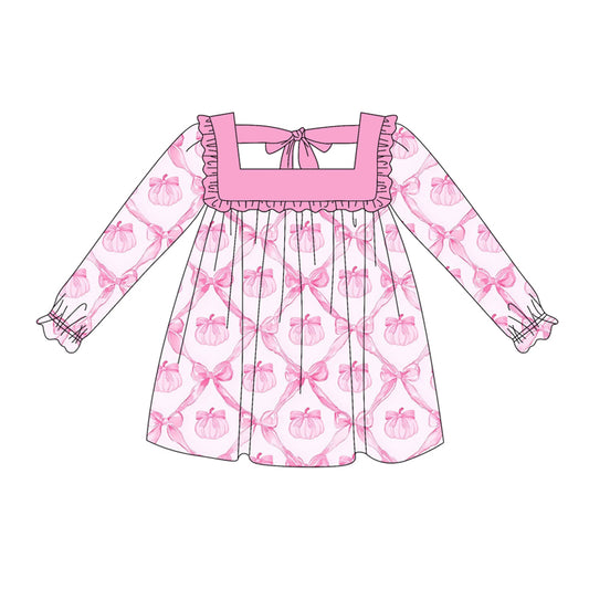 Baby Girls Long Ruffle Sleeves Pink Bows Pumpkins Plaid Knee Length Dresses Preorder