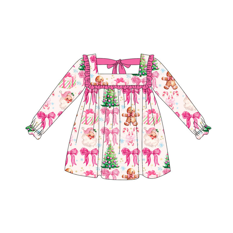 Preorder moq 5 Baby Girls Long Ruffle Sleeves Santa Gingerbread Gifts Knee Length Dresses