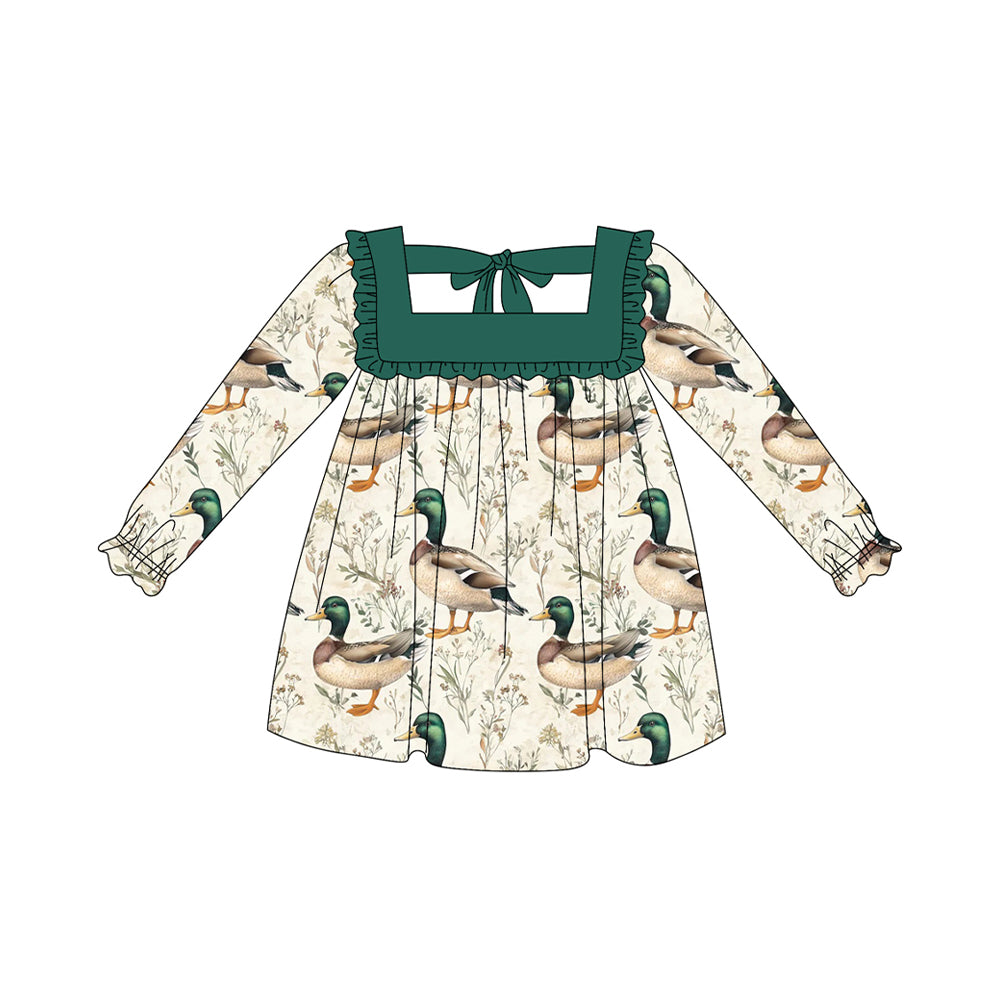 Baby Girls Long Ruffle Sleeves Green Ducks Knee Length Dresses Preorder
