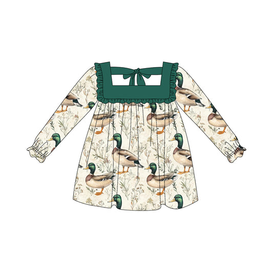 Baby Girls Long Ruffle Sleeves Green Ducks Knee Length Dresses Preorder