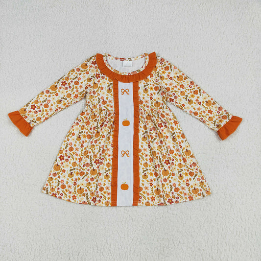 Embroidery Baby Girls Fall Floral Bows Pumpkins Knee Length Dresses